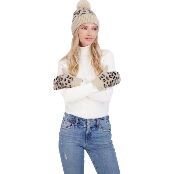 NEW Womens KENDALL + KYLIE 2 Piece Leopard Print Hat & Mitten Set - Picture 1 of 14